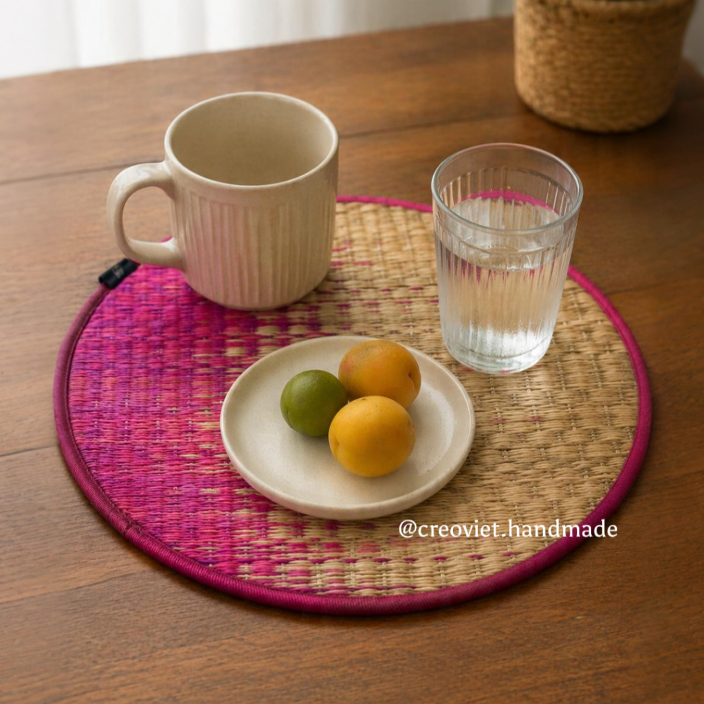 Chiếu lát tròn phối hồng đan thủ công decor - (HD - RS - 016)