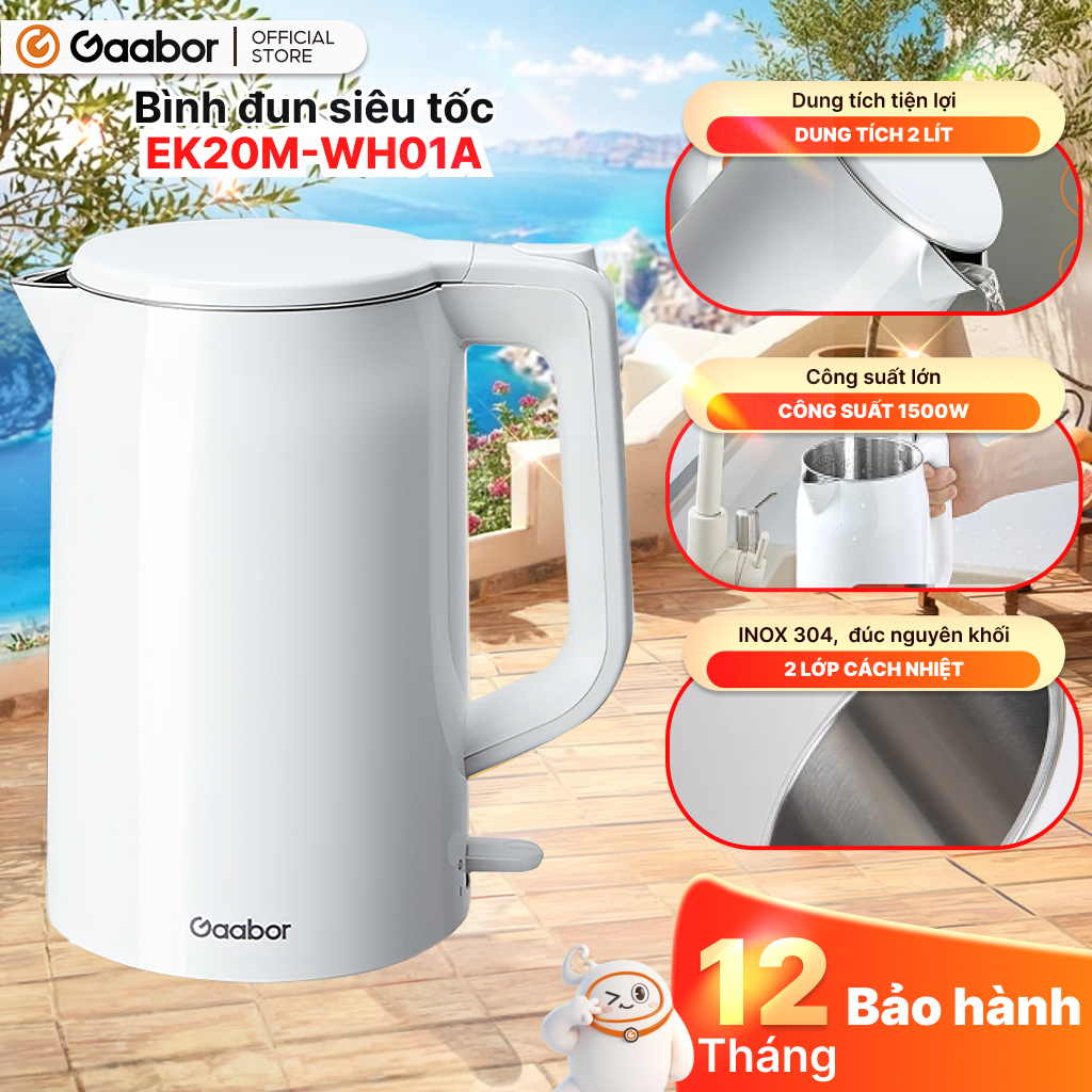 Ấm siêu tốc 2L Gaabor EK20M-WH01A trắng bình đun công suất 1500W cao cấp ấm đun innox 304 cách nhiệt