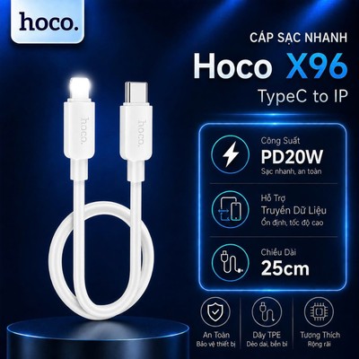Cáp sạc nhanh Typec to IP PD20W Hoco X96 dùng cho 14 trở xuống , hỗ trợ truyền dữ liệu, dài 25cm