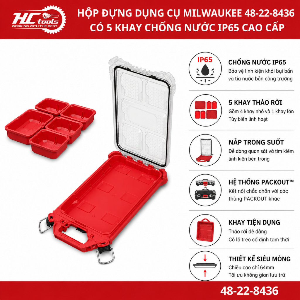 Hộp đựng dụng cụ Milwaukee PACKOUT 48-22-8436 có 5 khay chống nước IP65 cao cấp - HCTools