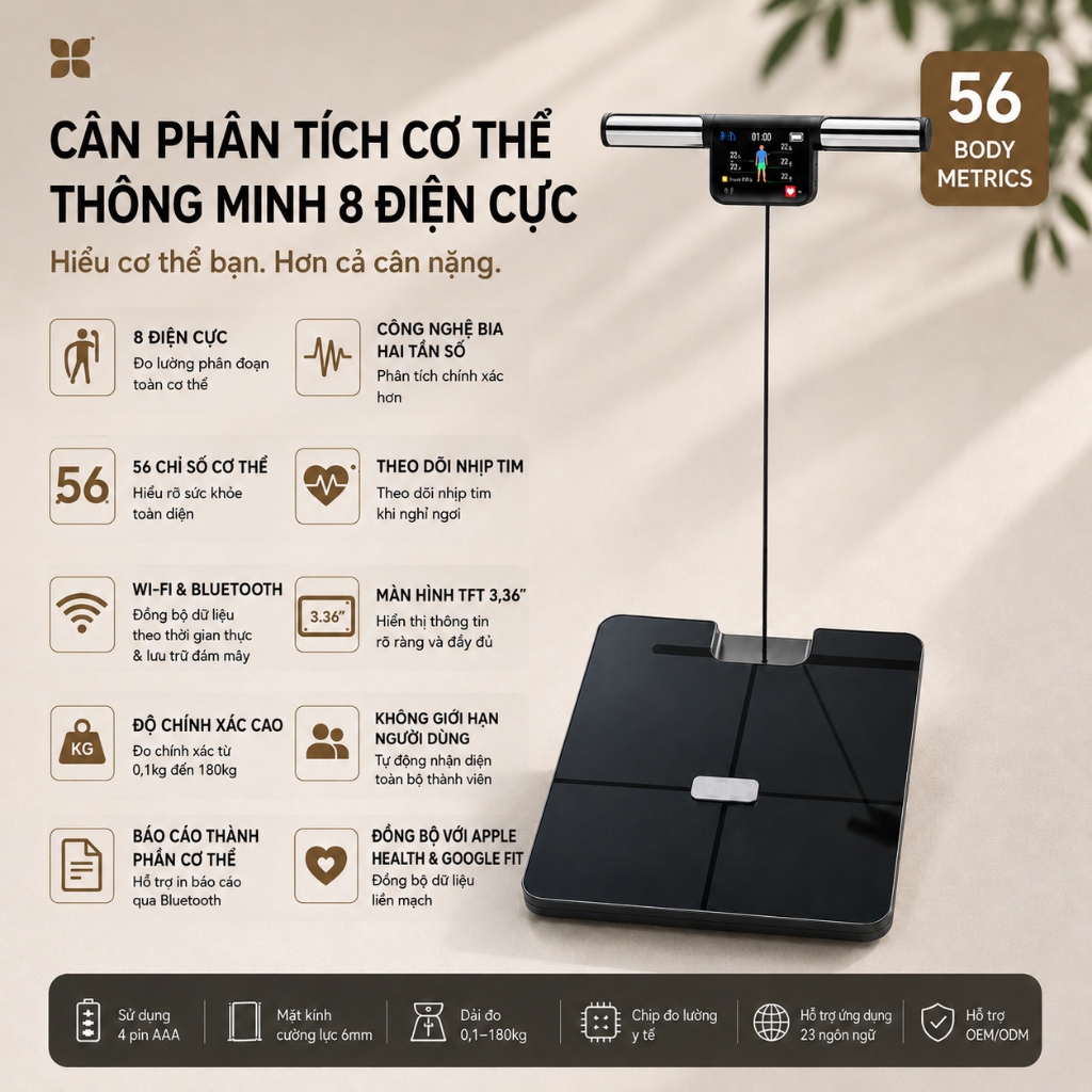 3Life Cân Phân Tích Cơ Thể Thông Minh 8 Điện Cực WiFi Bluetooth TFT 3.36 Inch