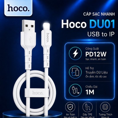Cáp sạc truyền dữ liệu USB to IP PD12W Hoco DU01 dùng cho ip14 trở xuống dài 1m