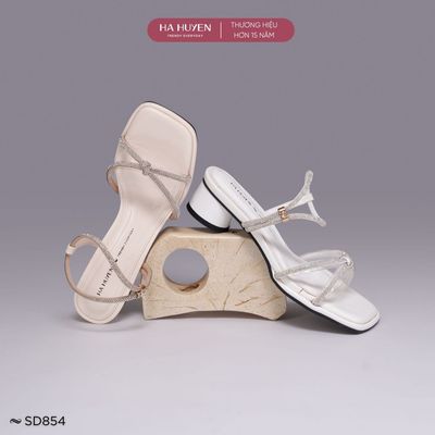 Sandal cao gót nữ HÀ HUYỀN mũi vuông quai đá thắt nút gót trụ 4cm - SD854