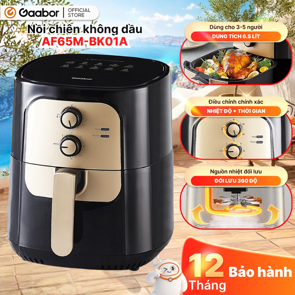 Nồi chiên không dầu 6.5L Gaabor AF65M-BK01A khoang chiên lớn cho 3-5 người, công nghệ đối lưu nhiệt