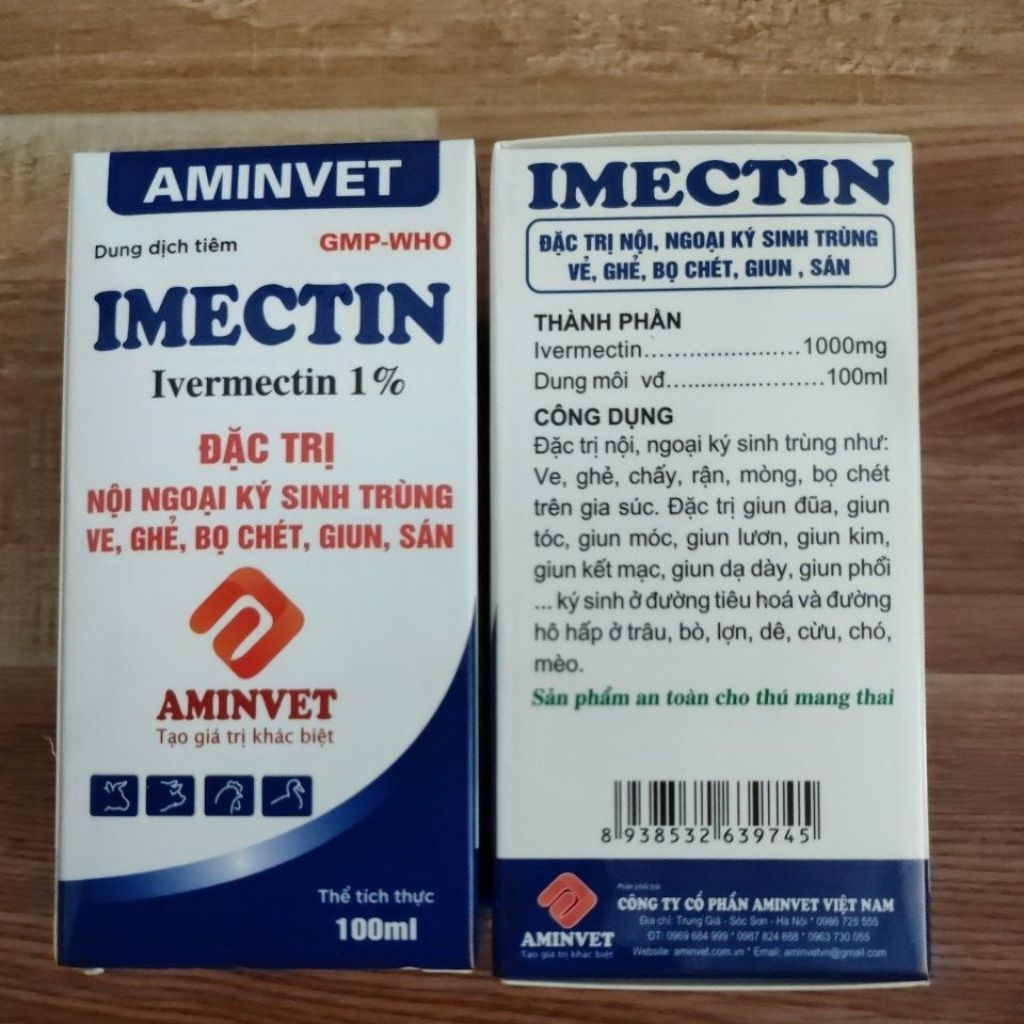 Imectin/Ivermectin 1% chuyên ve, ghẻ, bọ chét, giun sán, nội ngoại kí sinh trên gia súc, chó mèo.
