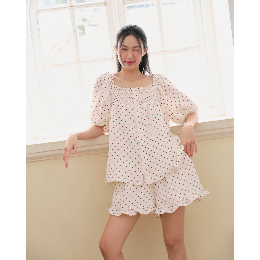 [LIVE] Đồ bộ mặc nhà ngắn phom rộng Freesize VIBES FS Polka Set từ 45-70/75kg Tặng phụ kiện kẹp tóc 