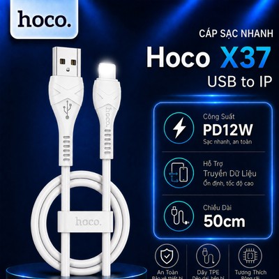 Cáp sạc nhanh PD12W Hoco X37 USB to IP dùng cho ip14 trở xuốg ,hỗ trợ truyền dữ liệu dài 50cm