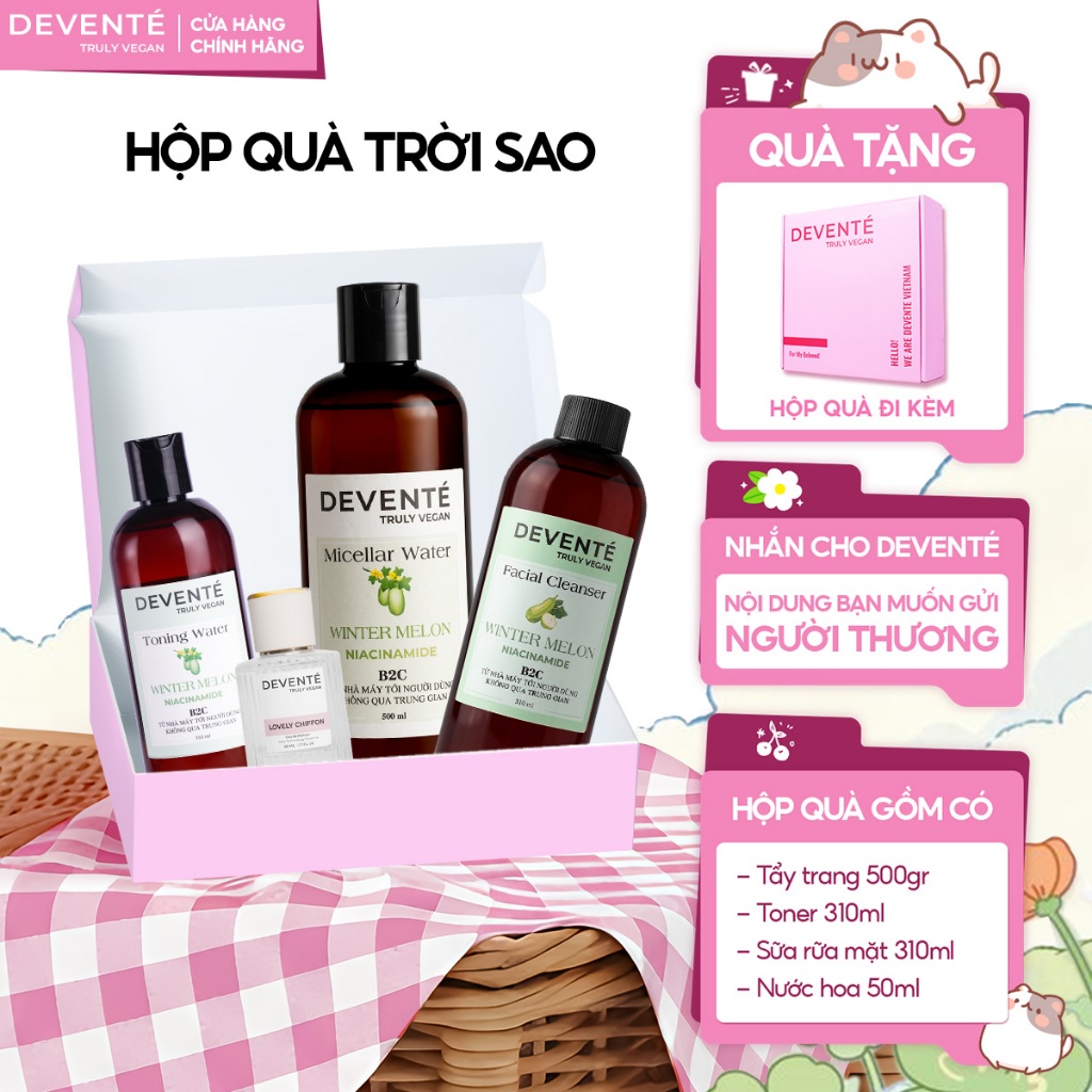 [FULL BOX] Hộp Quà Tặng Bạn Gái Gồm Sữa Rửa Mặt Devente 310ml + Tẩy trang 500ml + Toner 310ml + Nước