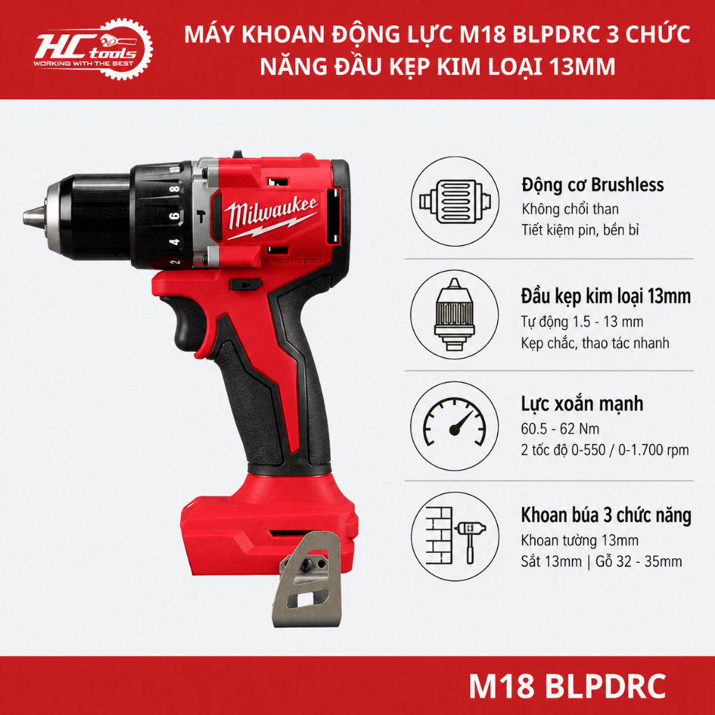 Máy khoan động lực 18V Milwaukee M18 BLPDRC khoan búa 3 chức năng đầu kẹp kim loại 13mm - HCTools VN