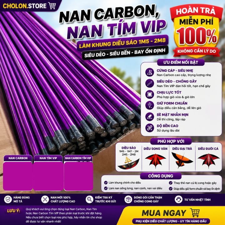 Nan cacbon, Nan tím, Nan cacbon tím VIP làm khung diều cho diều sáo 1m5 1m7 2m 2m5 2m8, Diều Song Vâ