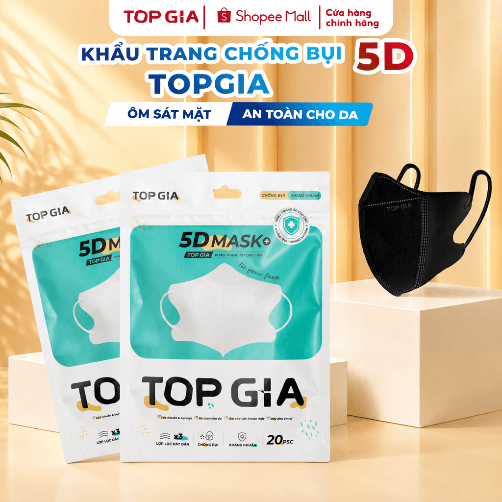 [QUÀ TẶNG] Khẩu trang 5D cải tiến TopGia an toàn, thoáng khí, ngăn bụi mịn, 3 lớp vải không dệt cao 