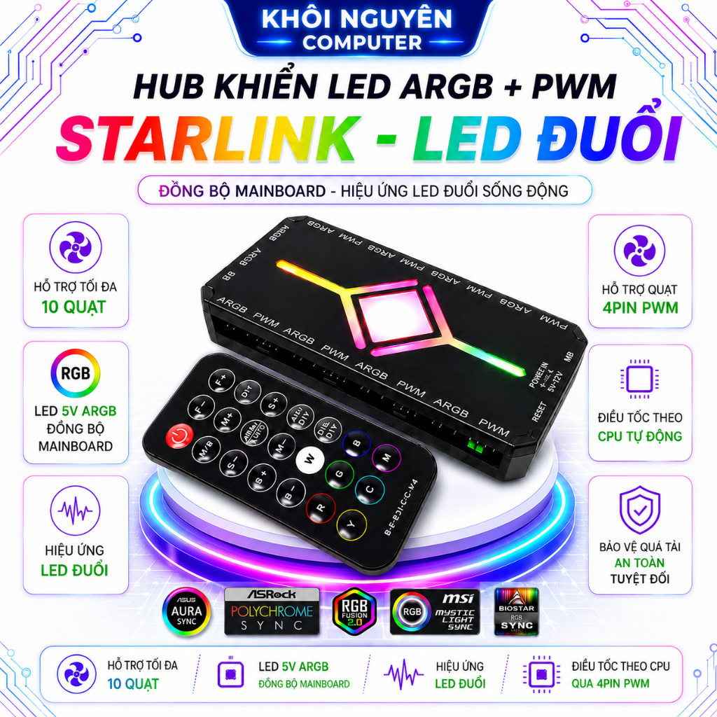 Hub Điều Khiển LED Đuổi Starlink Ausen ARGB 5V , Bộ Sync Đèn PC Cho Quạt Tản Nhiệt, Remote Từ Xa Tiệ