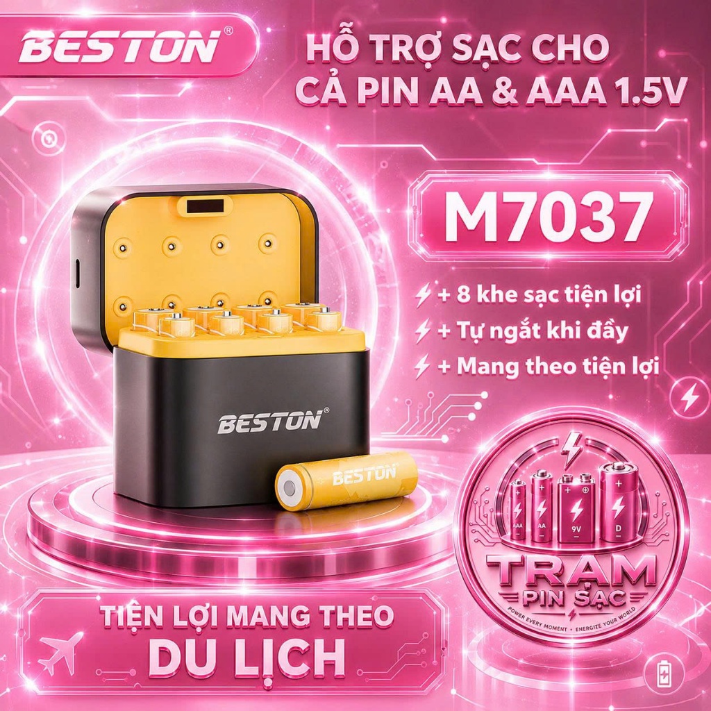 Hộp sạc pin Beston dành cho cả pin 2A & 3A Lithium 1.5V M7037 tự ngắt, chip bảo vệ
