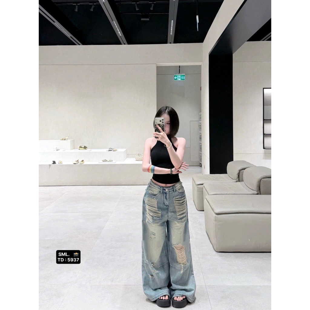 Quần jean dài - quần nữ 103 cm dáng dài suông rộng wash xanh nhạt rách phong cách cá tính đường phố 