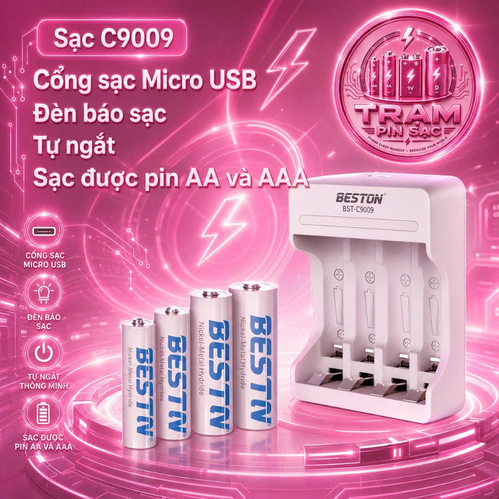 Bộ sạc pin 4 slot C9009 Beston AA /AAA 1.2V tự ngắt, tiện lợi