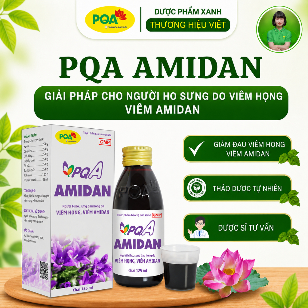 Amidan PQA Hỗ Trợ Giảm Ho Bổ Phế Giảm Sưng Đau Viêm Họng Viêm Amidan – Hộp 125ml