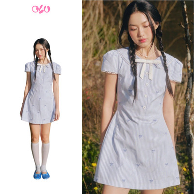 Váy OLV chiết eo dáng ngắn Blue Striped Bow Puff Sleeves Dress phù hợp mùa hè đi chơi đi làm