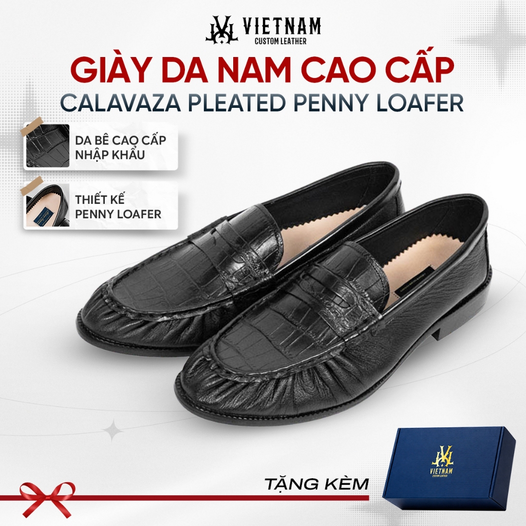 Giày Loafer Nam Calavaza Pleated Penny Loafer Da Bê Vân Cá Sấu Giày Da Nam Vietnam Custom Leather