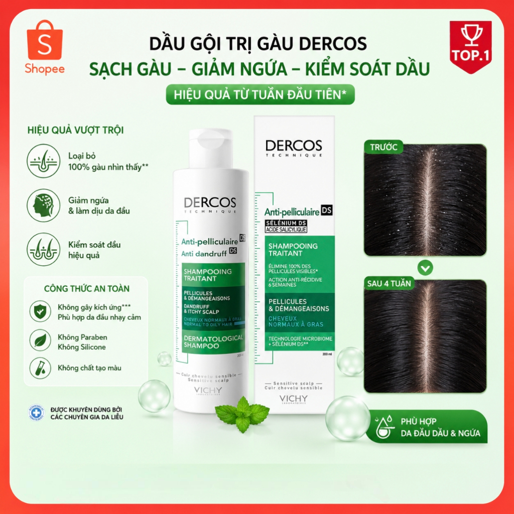 Dầu gội  TụDầu Gội Vichy Dercos ngăn ngừa Gàu, giảm gầu, da dầu hàng Pháp Dầu gội ngăn ngừa
