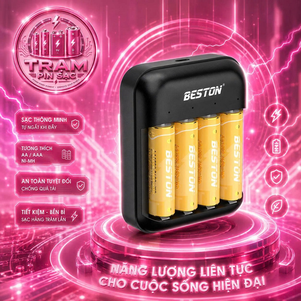 Bộ sạc pin M7032 thương hiệu BESTON dành cho pin 2A 3A Lithium 1.5V tự ngắt