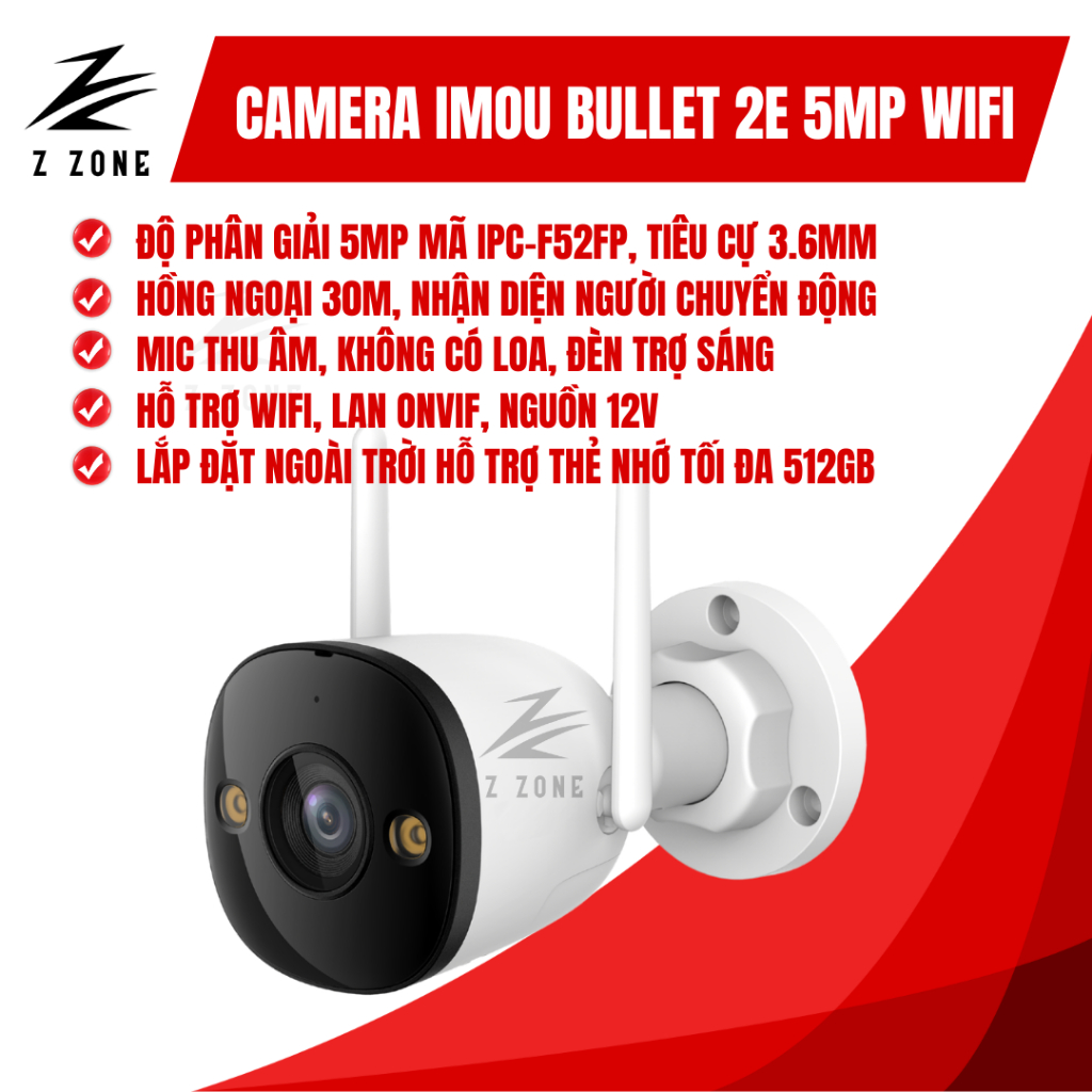 Camera Imou IPC-F52FP Bullet 2E 5MP - Ngoài trời chống nước, Đèn trợ sáng ban đêm có màu