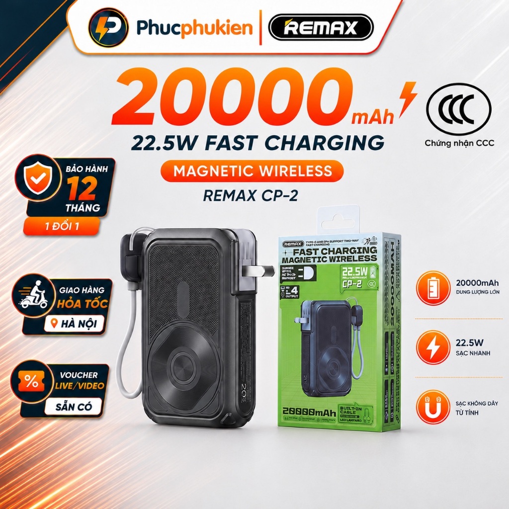 Remax CP 2 - Sạc dự phòng 20000mAh chân sạc AC, sạc không dây m@gsafe dây sạc 2 đầu - Phúc Phụ Kiện