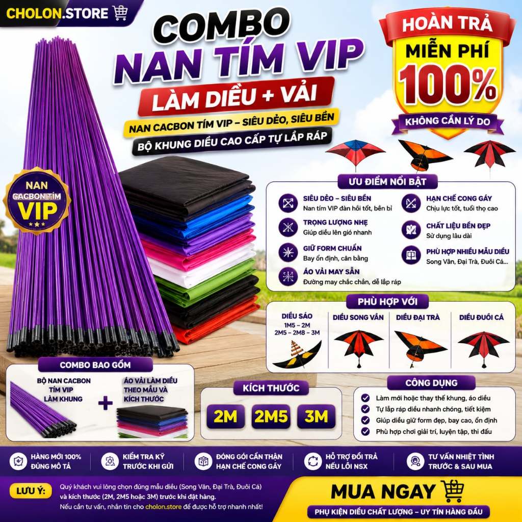 Combo làm diều 2m 2m5 3m ( KÈM VẢI ) Nan cacbon tím VIP làm khung diều Song Vân, Đại Trà, Đuôi Cá,di