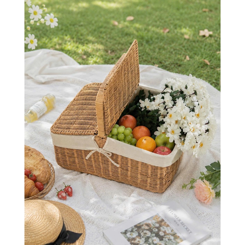 Giỏ picnic mây có nắp có lót, giỏ mây dã ngoại đẹp, giỏ mây, giỏ mây đa năng, giỏ picnic mây cao cấp
