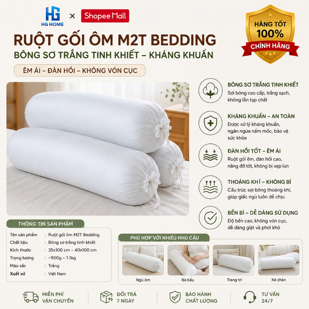 Ruột gối ôm M2T Bedding bông sơ trắng tinh khiết kháng khuẩn
