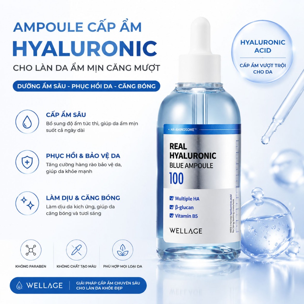 WELLAGE HA 100 serum xanh, HA + B5, cấp ẩm sâu, phục hồi da, làm dịu da nhạy cảm
