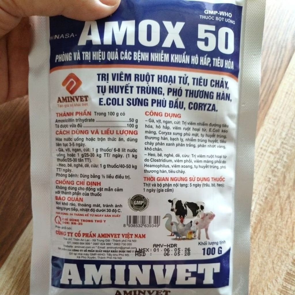 Nasa-Amox 50% 100g hỗ trợ sức khỏe vật nuôi gia súc, gia cầm.