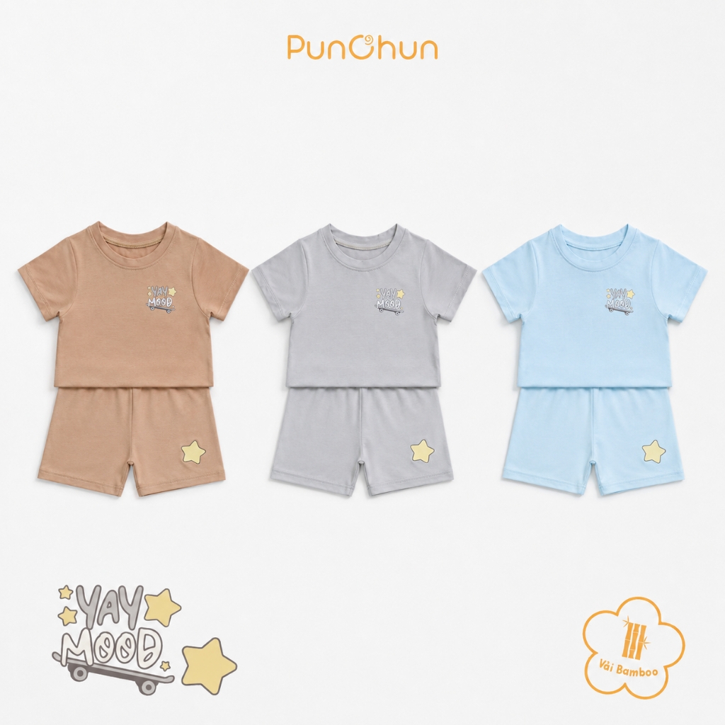 [PUNCHUN 6M-5Y] Bộ quần áo cộc cổ tròn Punchun Cup Mood cho bé trai