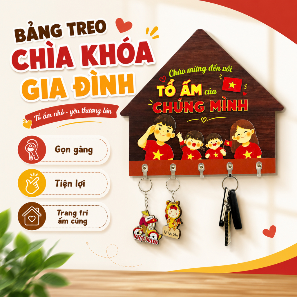 Bảng Gỗ Treo Chìa Khóa Tổ Ấm Gia Đình, Bảng Gỗ Decor Nhà Cửa Có Móc Treo Chìa Khoá Tiện Lợi