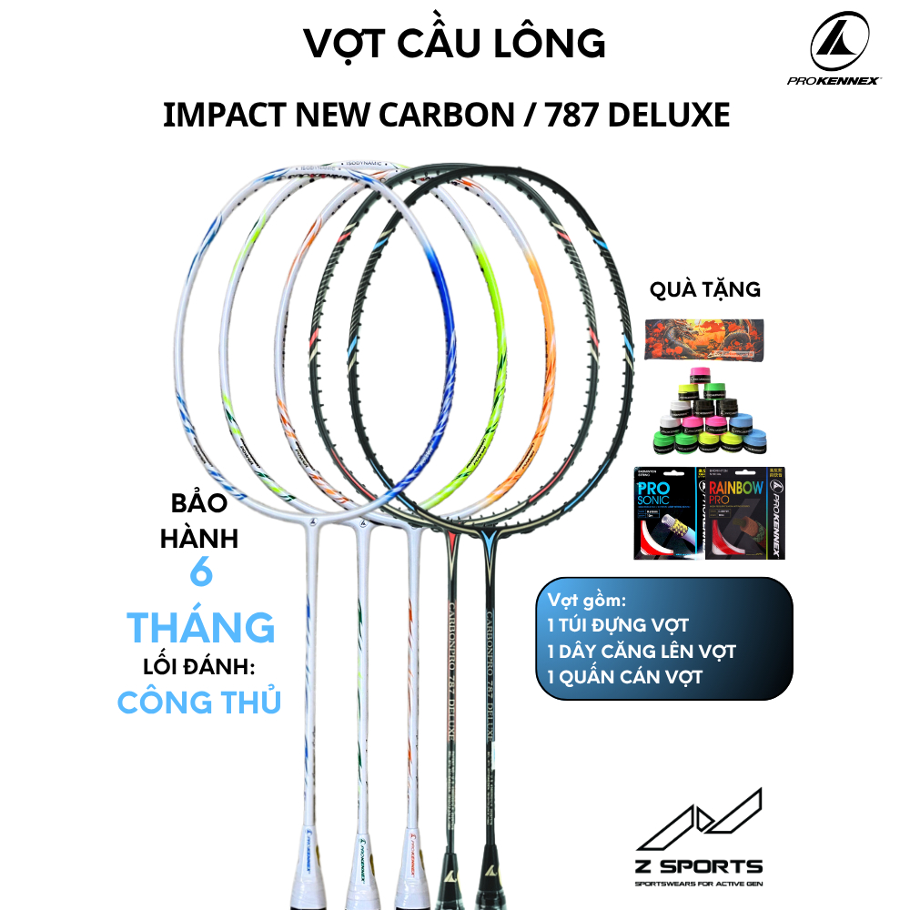 [HỎA TỐC HCM] Vợt cầu lông ProKennex Impact New Carbon, Carbon Pro 787 Deluxe đã đan dây 10.5kg