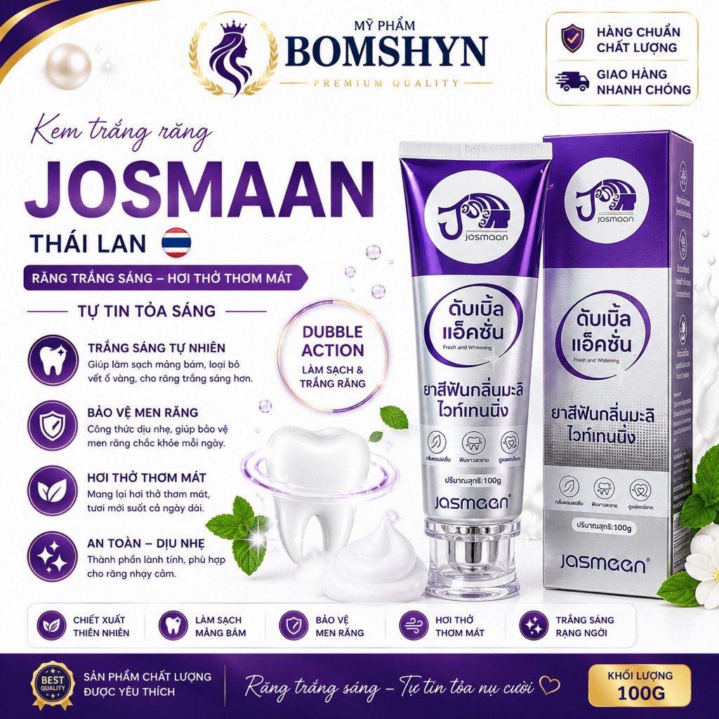 Kem đánh răng Josmaan Thái Lan 100g | Hỗ trợ làm sạch răng miệng, hơi thở thơm mát