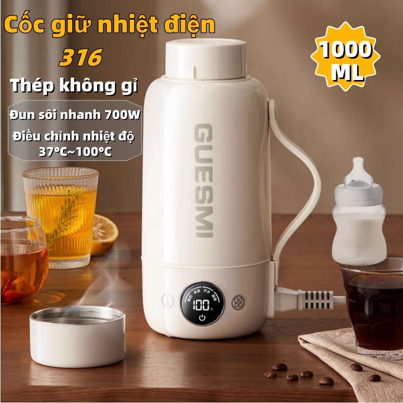 GUESMI Siêu Tốc 1000ML, Bình Đun Nước Di Động 316 Inox, 700W Đun Nước Nhanh