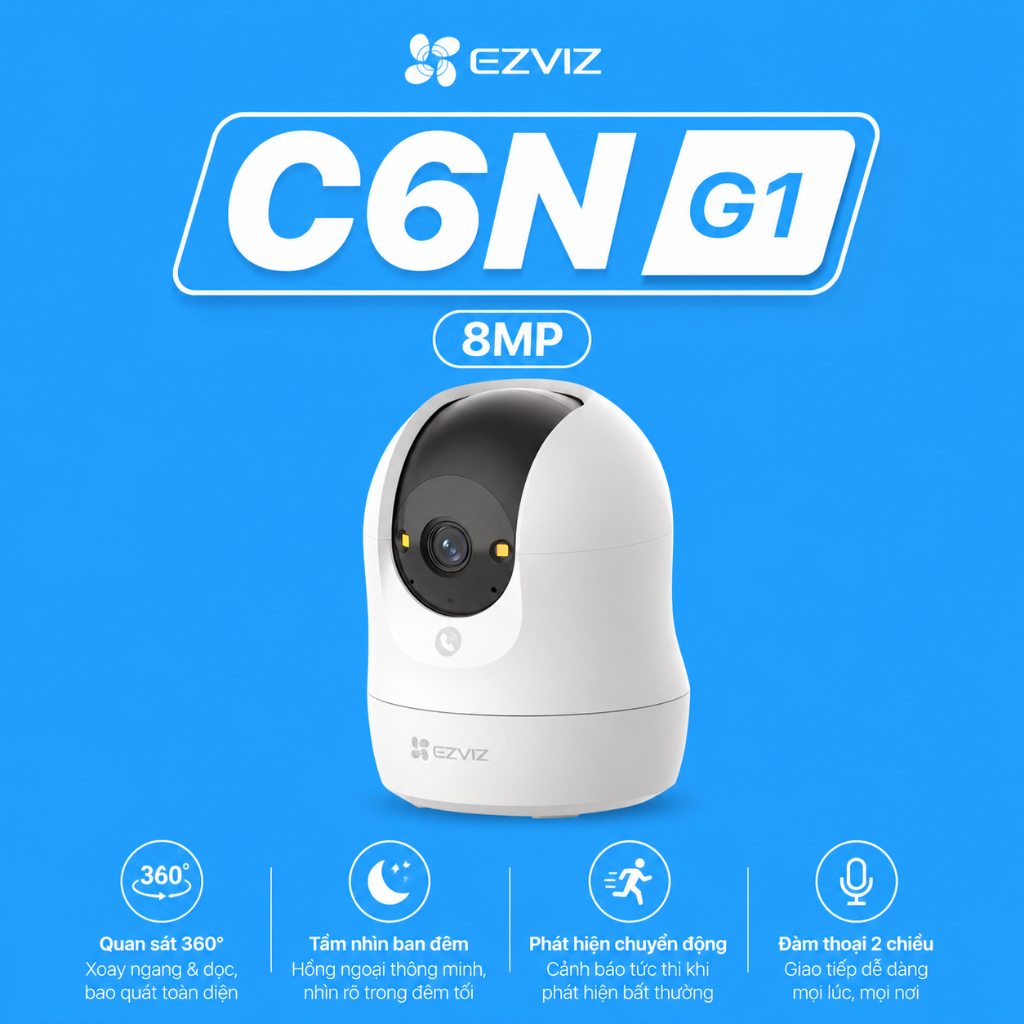 (TẶNG ĐẾ L)Camera WiFi Trong Nhà EZVIZ C6N 3MP / C6N G1 8MP Xoay 360, Hỗ Trợ WiFi 6,BH 2 Năm