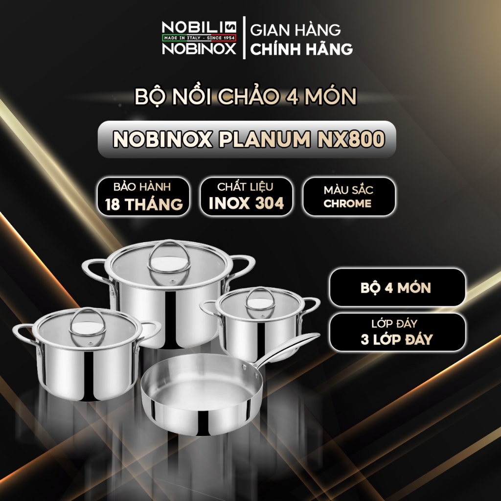 Bộ nồi chảo inox 4 món, đáy 3 lớp liền khối NOBINOX PLANUM NX800