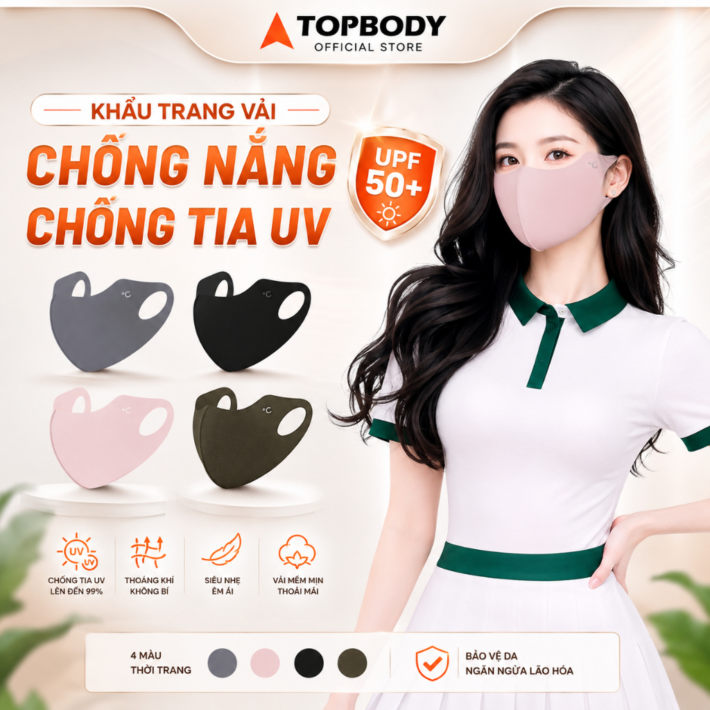 Khẩu Trang Chống Nắng Chống Tia UV TOPBODY, Chất Lụa Lạnh Thoáng Mát UNISEX Nam Nữ Đều Thích Hợp - KHAUT03