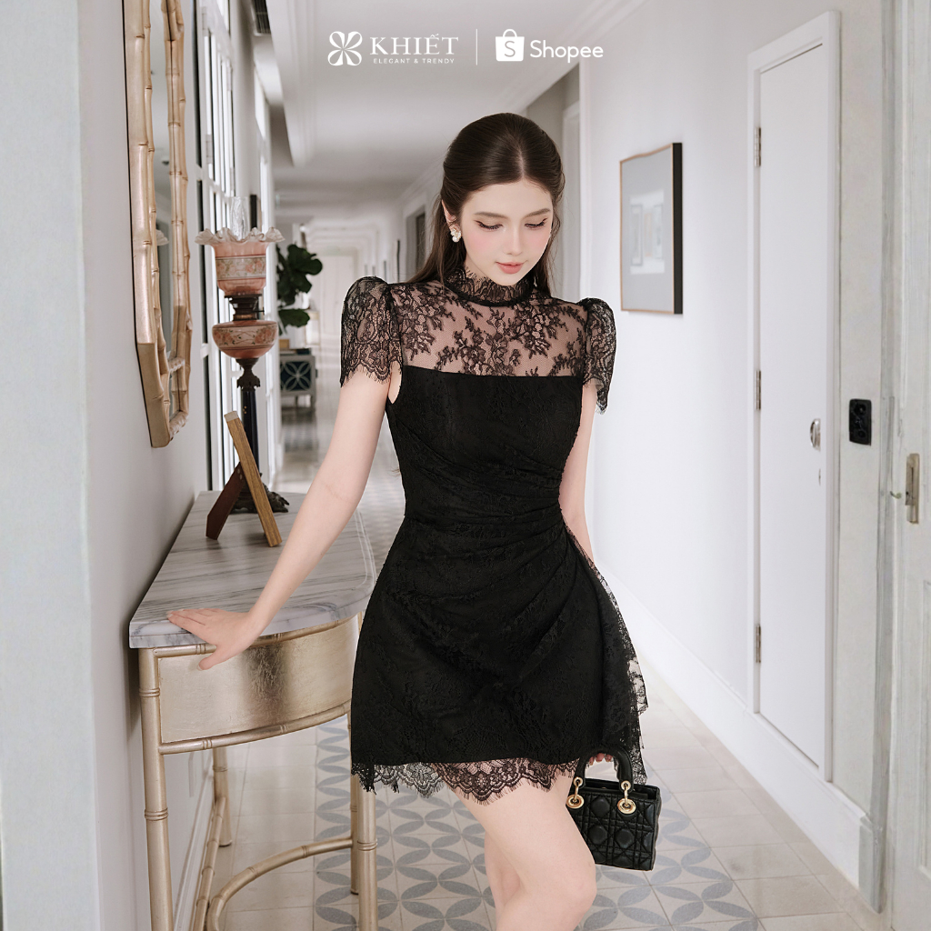 Đầm ren Khiết Style đen cổ cao tùng váy A xếp drap phong cách dự tiệc sang chảnh KD609A