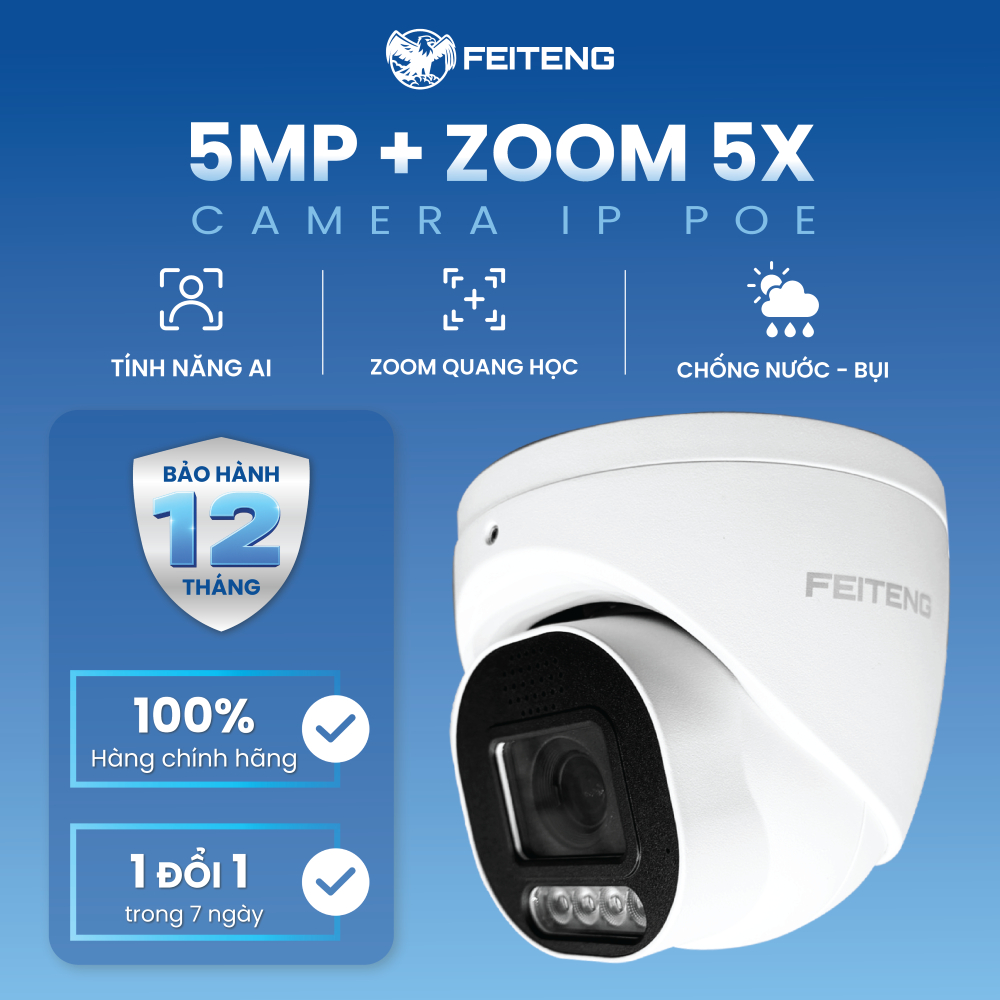 Camera IP PoE Dome FEITENG 5MP FE-2812-5MP-DOM, Zoom Quang Học, Hồng Ngoại Quan Sát Ban Đêm