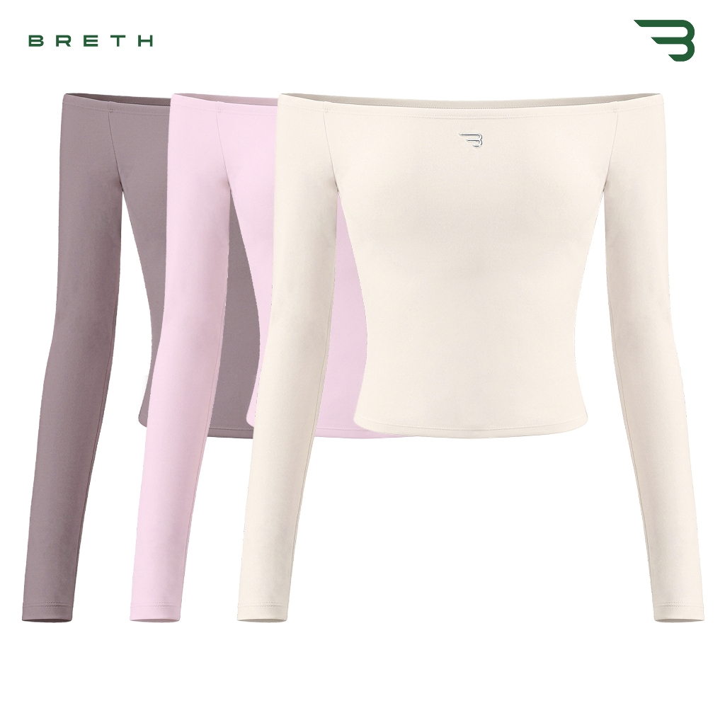 Áo nữ thể thao ôm body trễ vai tay dài BRETH thun co giãn đính logo inox nhiều màu năng động Dahlia 