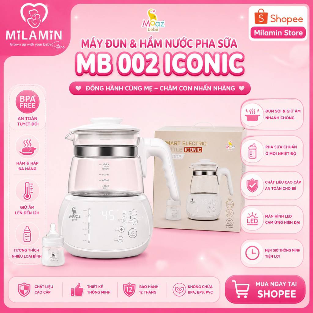 (Mẫu mới- MB002 có quạt  hạ nhiệt nhanh) Máy đun nước pha sữa điều chỉnh nhiệt độ, khử clo Moaz bebe