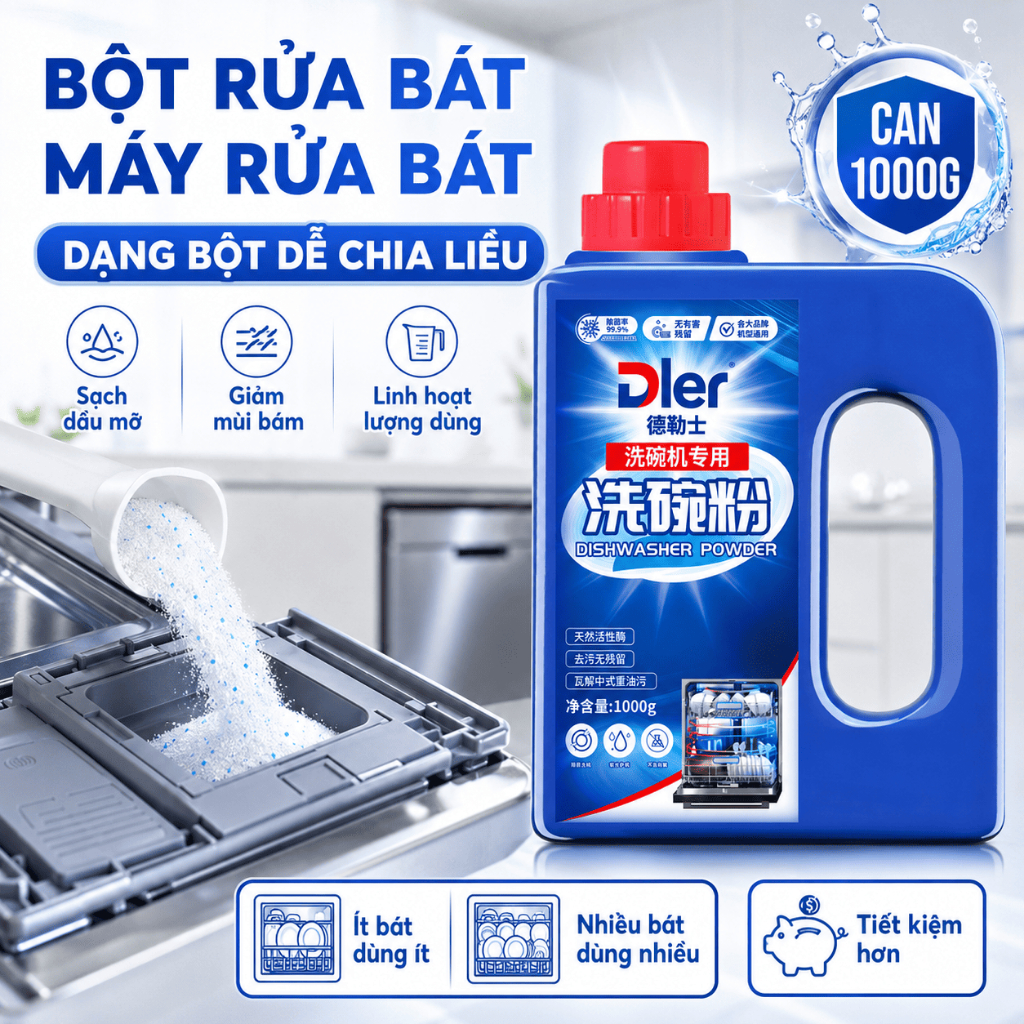 Bột Rửa Bát Dler 1000g Dùng Cho Máy Rửa Bát Gia Đình, Dạng Bột Dễ Chia Liều, Sạch Dầu Mỡ Bát Đĩa
