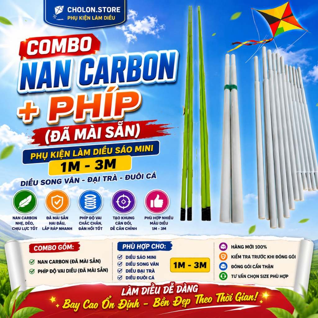 Combo Nan Cacbon Làm Diều + Phíp Độ Vai Diều (ĐÃ MÀI SẴN) Nan Cacbon làm Diều Sáo Mini 1m-3m, Diều S