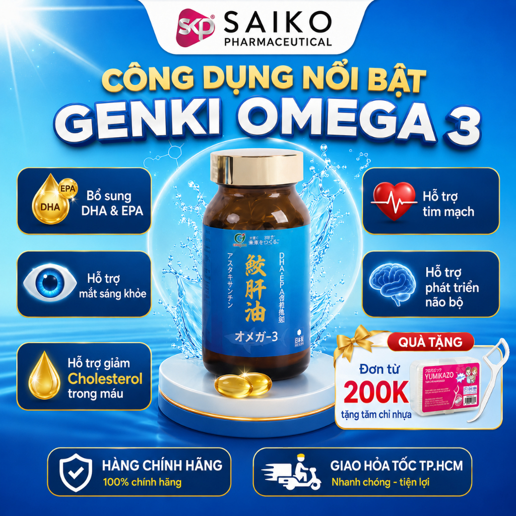 Genki Omega 3 90 Viên Chính Hãng Saiko – Dầu Gan Cá Mập Omega 3, Bổ Sung DHA EPA, Astaxanthin