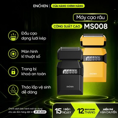 [Dòng cao cấp] Máy cạo râu Enchen MS008, màn hình số, lưới bảo vệ an toàn, đầu cạo lưới nổi 3D hỗ trợ cạo khô & ướt