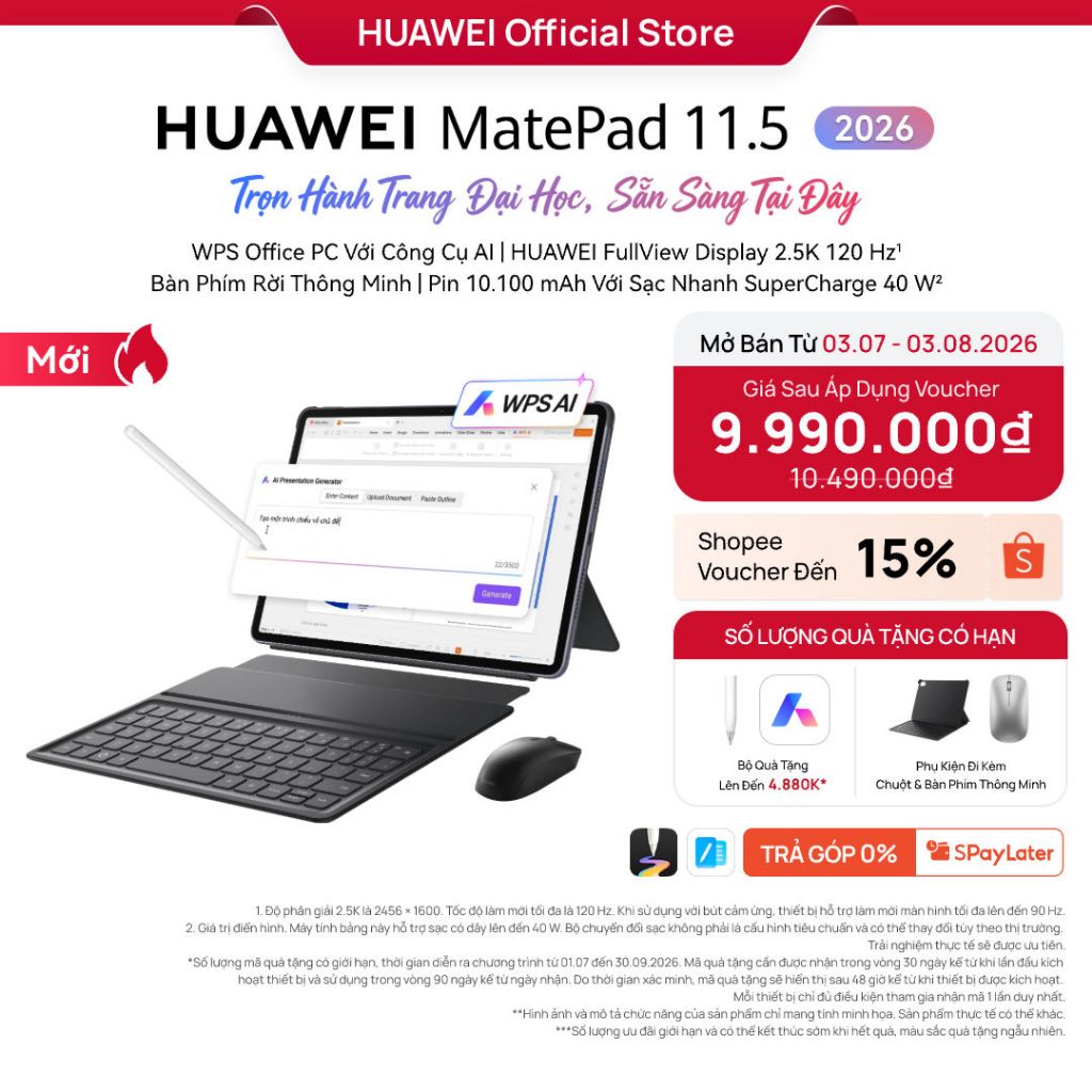 Máy tính bảng HUAWEI MatePad 11.5 2026 | WPS Office PC Với Công Cụ AI | HUAWEI FullView Display 2.5K 120Hz| Bàn Phím Rời | BigBuy360 - bigbuy360.vn