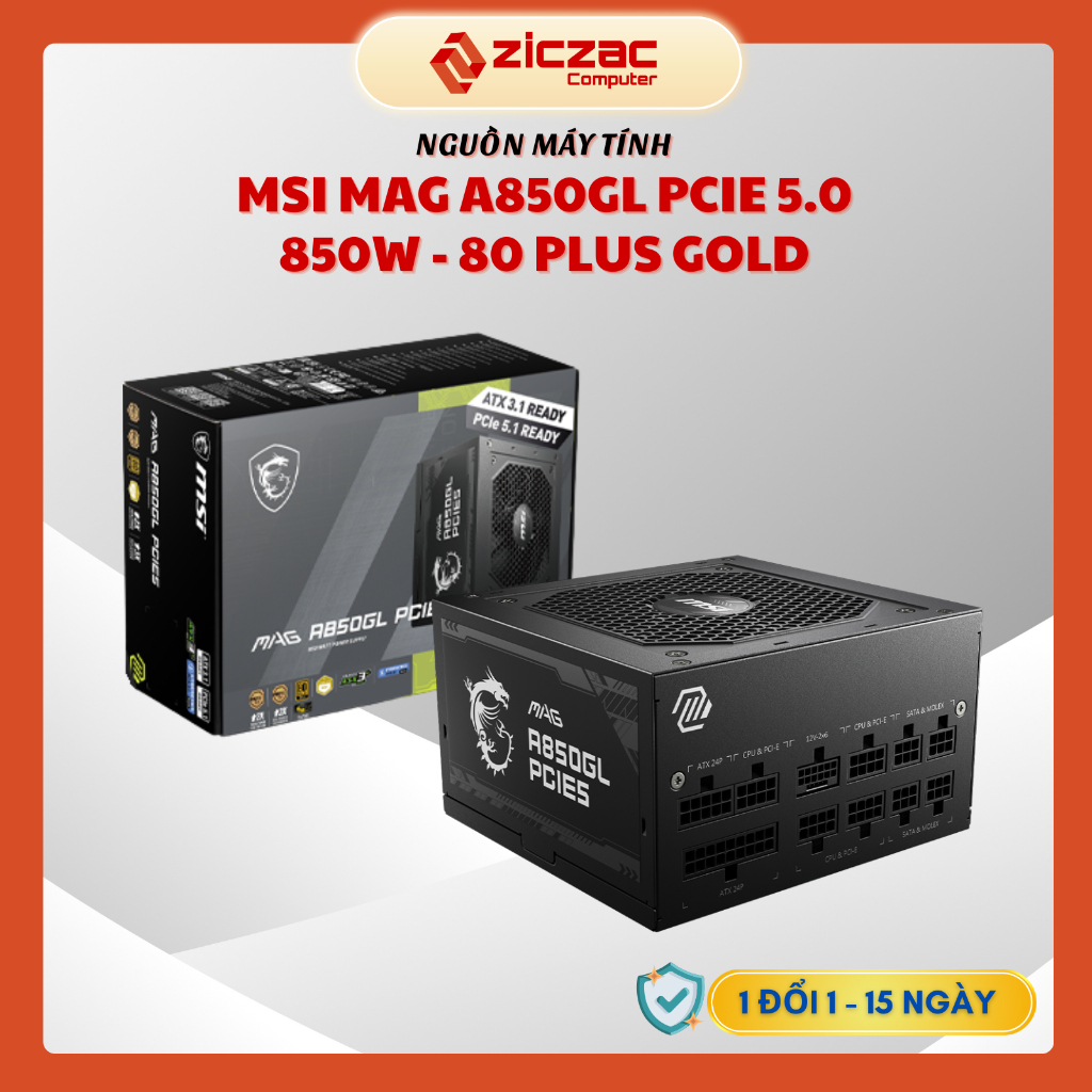 Nguồn MSI MAG A850GL - A850GN 850W 80plus GOLD PCIe 5.1 ATX 3.1 Modular - Chính hãng