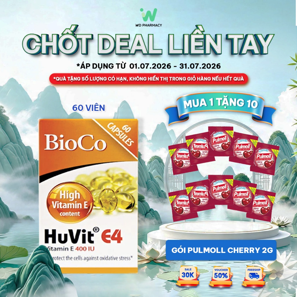 Viên uống vitamin E Bioco Huvit E4 ngăn lão hóa, mờ tàn nhang, nám (Hộp 60v)